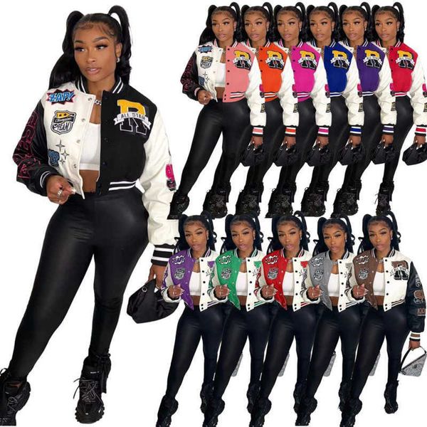 

desinger women outwear baseball jacket autumn winter letter printed varsity coat stand collar patchwork button jackets 11 colours, Black;brown