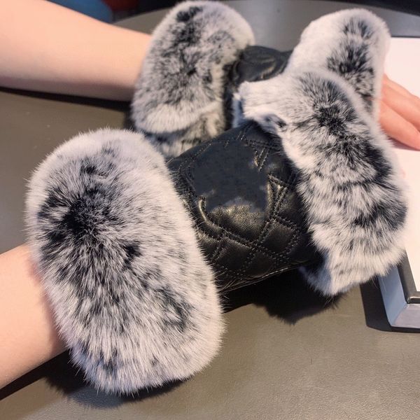 

designer gloves wrist cuffs for warmth leather glove ladies sheepskin rabbit fur winter mitten for women official replica counter quality eu, Blue;gray