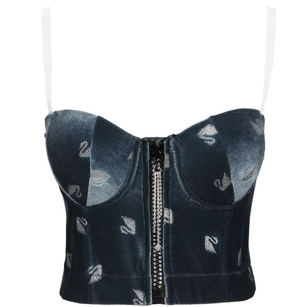 

swan printed zipper suspender wrapped around the chest wearing french female fishbone bra off shoulder short slim back bra, White