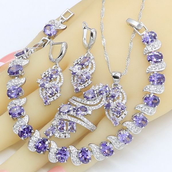 

wedding jewelry sets dubai for women purple amethyst necklace pendant earrings ring bracelet gift box 221207, Slivery;golden