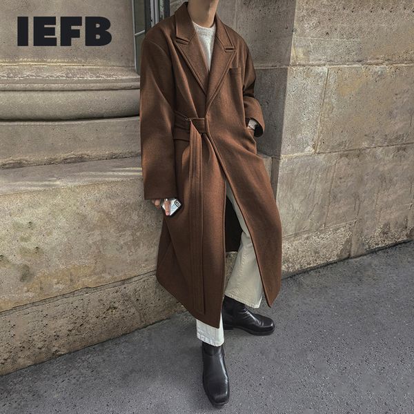 

men's wool blends iefb woolen and mixtures coat autumn winter mid long thickened korean trend loose overcoat male bandage waist 221206, Black