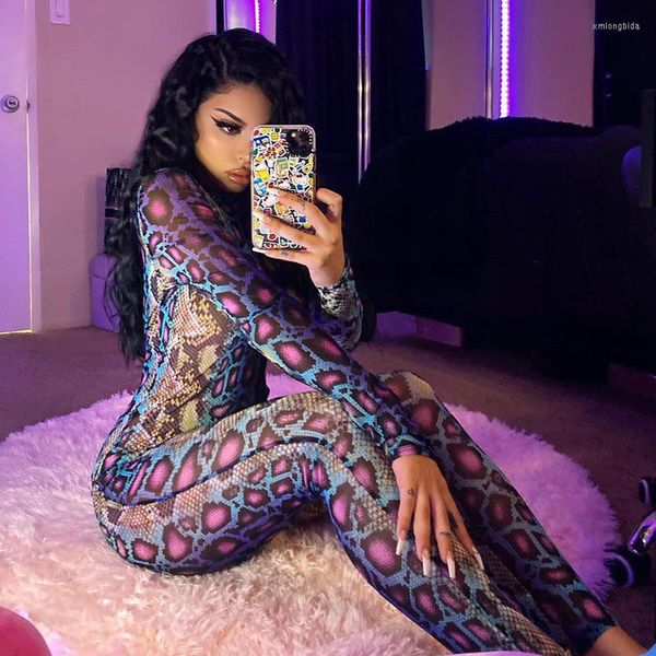 

women's jumpsuits snake print long sleeve mock neck night party club skinny jumpsuit women autumn outifit streetwear rompers overalls, Black;white