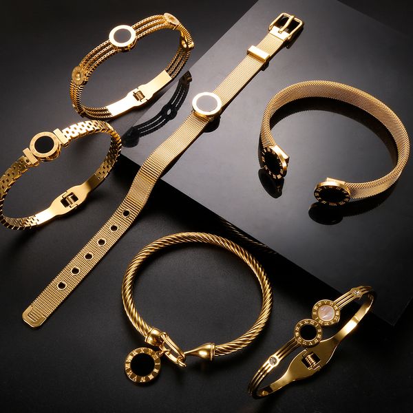 

wedding jewelry sets luxury famous brand for women men black round stainless steel roman numerals bracelets bangles charm bracelet 221207, Slivery;golden