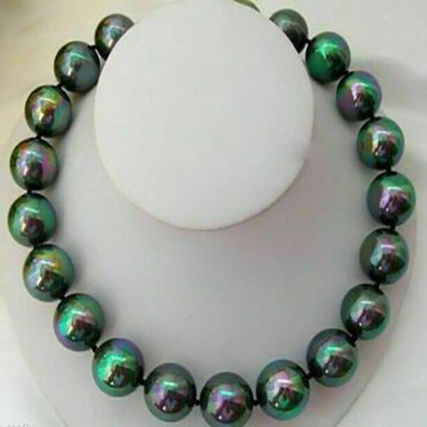 

long 18" 14mm rainbow black round south sea shell pearl necklace, Silver
