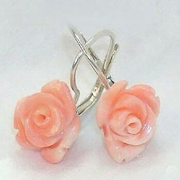 

12mm pink coral rose flower sterling silver leverback earrings, White