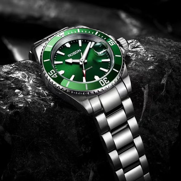 

men's mechanical watch 316l stainless steel night vision sapphire mirror watch glass luxury, Slivery;brown
