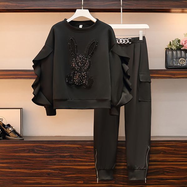 

women s two piece pants casual sports suit women spring autumn fashion beaded embroidery black sweatshirt high waist harem pants two piece s, White