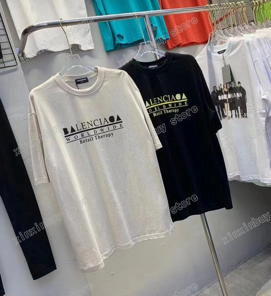 

xinxinbuy men designer destroyed tee t shirt paris retail therapy worldwide letters print short sleeve cotton women white black xs-l, Black;brown