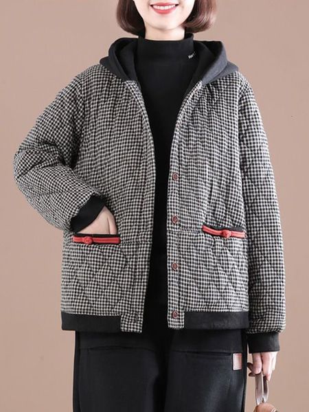 

women s down parkas thick warm hooded coat arrival autumn and winter vintage style plaid pattern loose female casual outerwear d412 221206, Black