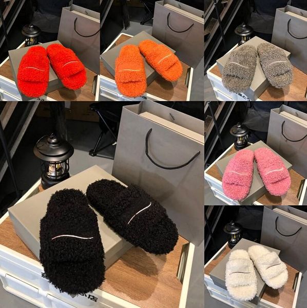 

designer luxury womens slippers ladies winter wool slides fur fluffy furry warm letters sandals comfortable fuzzy girl flip flop slipper, Black