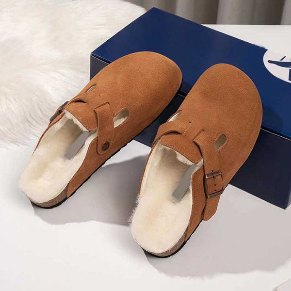 

sandals sheepskin and wool integrated baotou slippers half slippers women's flat slippers, Black