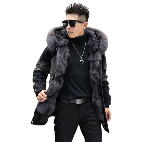 

real fox fur coat mens winter denim jackets fur hood male clothing warm jacket parkas hip hops plus size 4xl outerwear, Black