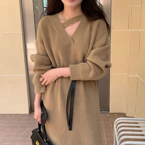 

casual dresses black vestido korean chic simple and v-neck design lace up waistband bottoming knitted dress with belt for women, Black;gray