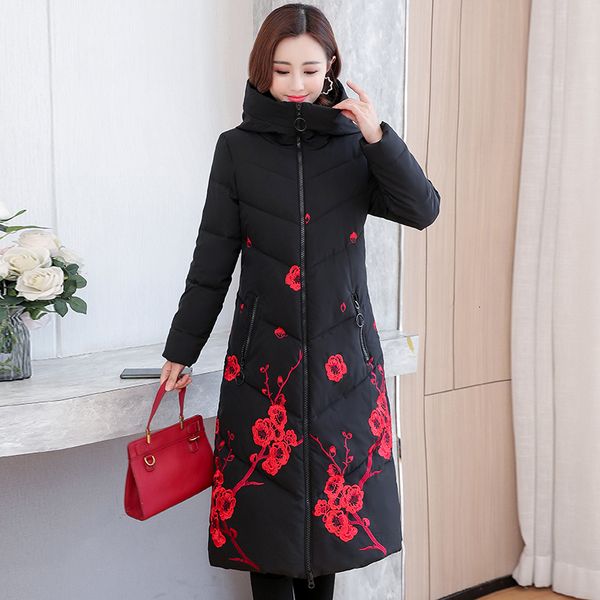 

women s down parkas winter jacket hooded embroidery long coat female casual thick woman zipper puffer jakcet 221206, Black