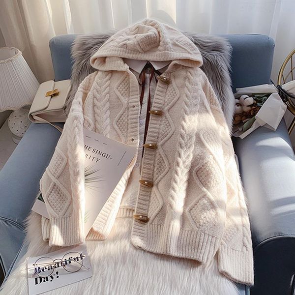 

women's knits tees hooded twist sweater coat autumn and winter women's loose outer wear lazy knitted cardigan 221207, White