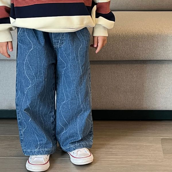 

trousers winter boys warm thick jeans 2 7 years wave printed inner fleece wide leg pants 221207, Blue