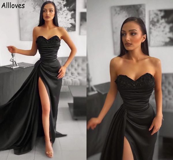 

black satin peplum mermaid evening dresses sweetheart ruched lace appliques formal party prom gowns high split arabic aso ebi special occasi, Black;red
