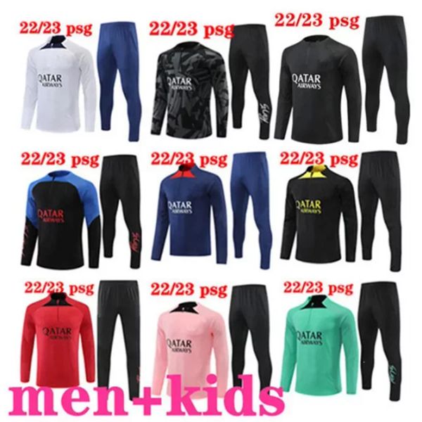 

22 23 psgs tracksuit 2022 2023 mbappe kids and men training suit long sleeve football soccer jersey kit uniform chandal boys fif, Black