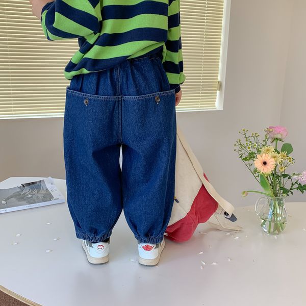 

trousers autumn fashion big pocket denim pants for children solid color patchwork ankle tied jeans 221207, Blue