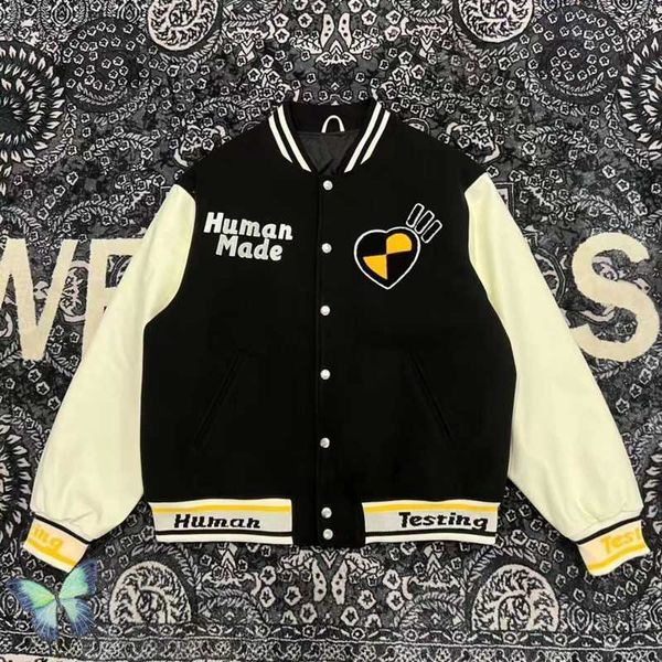 

men's jackets human made embroidered leather sleeve cowhide baseball jacket single breasted cardigan t221206, Black;brown