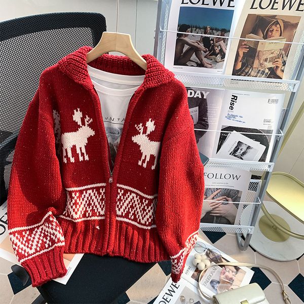 

women s knits tees christmas elk red sweater cardigan autumn winter loose thickened knit coat 221206, White