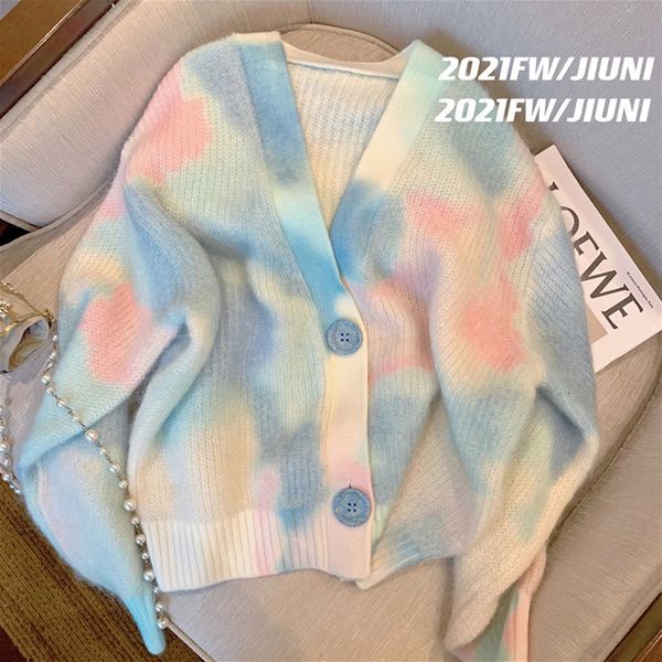 

women s knits tees tie dye sweater cardigan coat autumn winter loose knitting short sweet female jacket y2k clothes v neck 221206, White