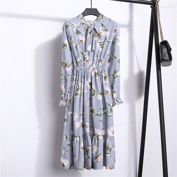 

casual dresses women chiffon dress 2022 fashion ruffle print floral elegant long sleeve elastic waist midi vintage vestidos, Black;gray