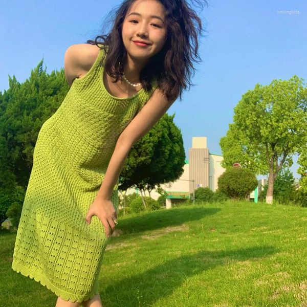 

casual dresses french design feels sweet small and fresh sleeveless knit dress summer fashion holiday style green women, Black;gray