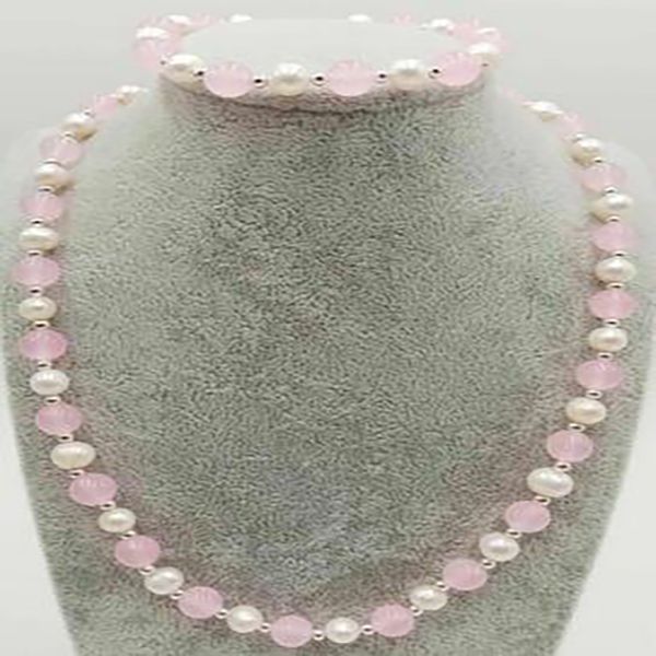 

natural 7-8mm white pearl 8mm pink jade beads necklace 18'' bracelet 7.5'', Silver