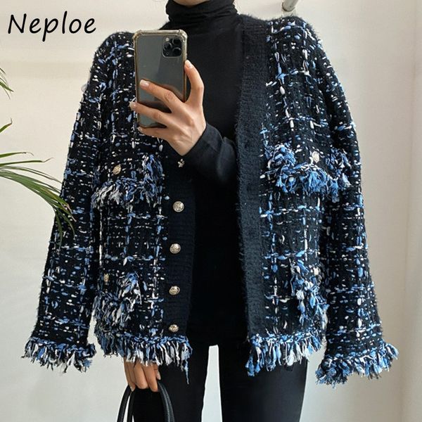 

women's knits tees neploe stylish v-neck mixed color knitted cardigan woman loose long-sleeved sweater coat women tassel fringe fuzzy c, White
