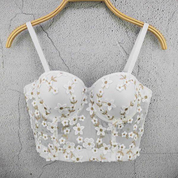 

spring and summer new style gold embroidery beautiful suspender fresh and cute girl slim waistcoat chest cup steel ring top, White