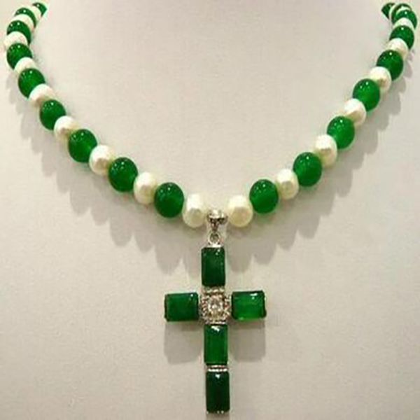 

wow 7-8mm white pearl green natural jade cross pendant necklace 18", Silver