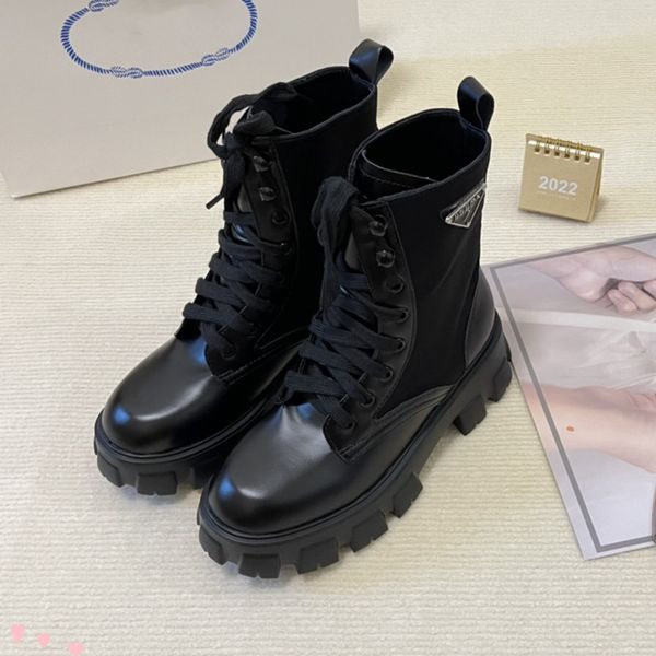 

new boots black ankle biker chunky platform flats combat low heel lace-up triangle boots leather chains logo buckle women luxury designers s