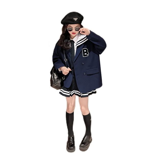 

2023 spring girls clothes sets kids navy lapel shirt with suit outwear pleated skirts 3pcs preppy style children outfits 5-16t a9456, White