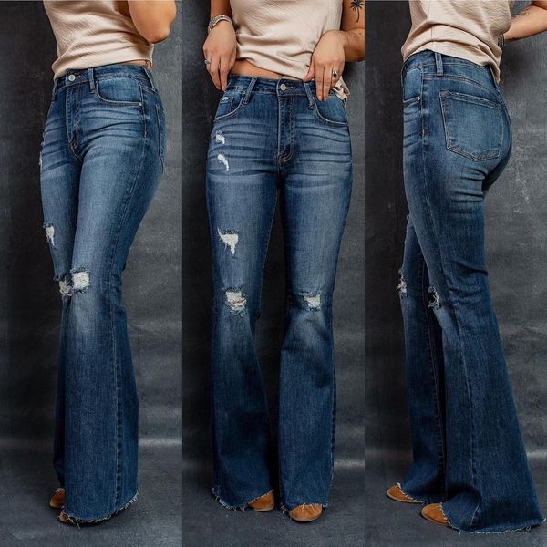 

women s jeans women high waist ripped flare fashion stretch skinny slim denim long pants street casual trousers 221206, Blue
