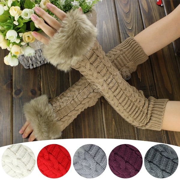 

outdoor winter warm arm sleeves for women girls decorative knitted fingerless gloves solid color furry sleeves clothing accessories, Blue;gray