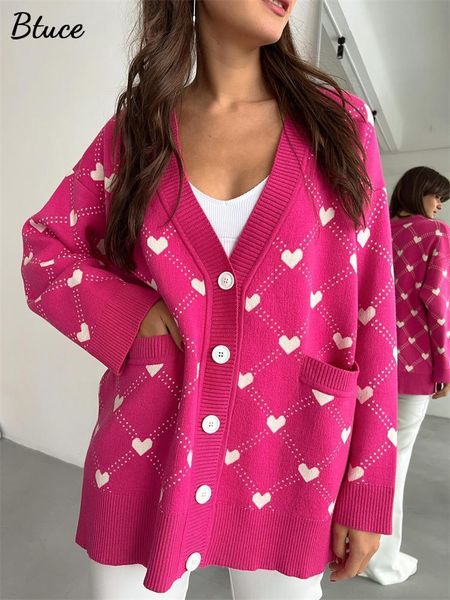 

women s knits tees fashion women print knitted cardigan casual v neck heart printting pocketed sweater autumn vintage long sleeve female swe, White