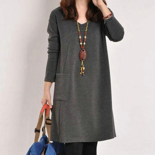 

casual dresses women spring dress mid length loose plus size lady winter thermal, Black;gray
