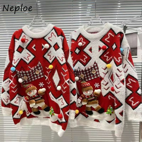 

women s sweaters neploe o neck plaid contrast color long sleeve pull femme knitted pullover sweater y2k stereo little pompom christmas jumpe, White;black