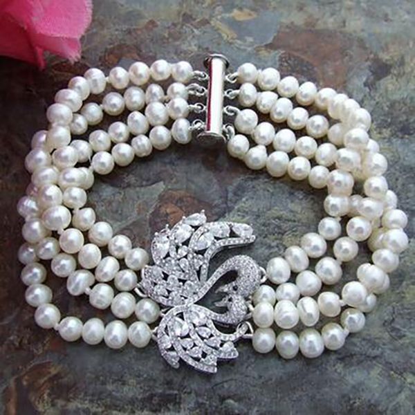 

8" 4 strands white 4-5mm freshwater pearl bracelet zircon connector, Golden;silver
