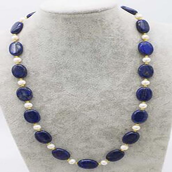 

blue lapis flat 13x18mm and white freshwater pearl round 8-9mm necklace 21inch, Silver