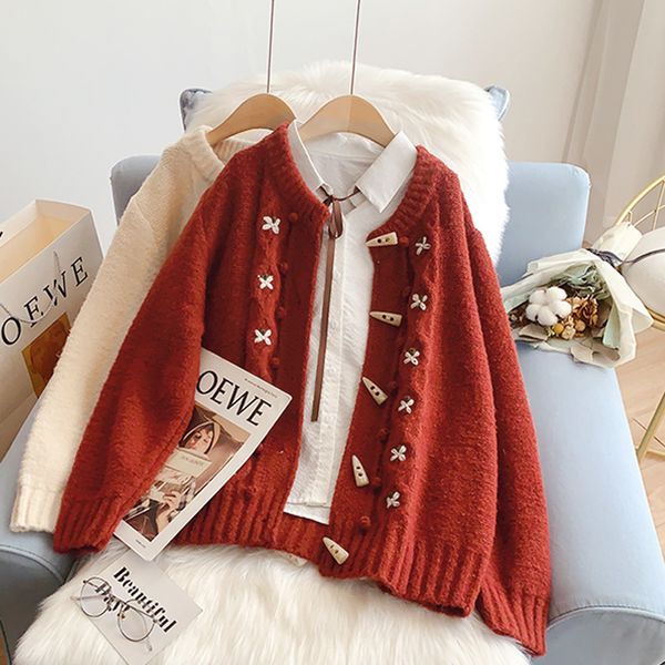 

women s knits tees autumn winter christmas red cardigan puff sleeve sweater coats horn buckle vintage women knitted jackets 221206, White