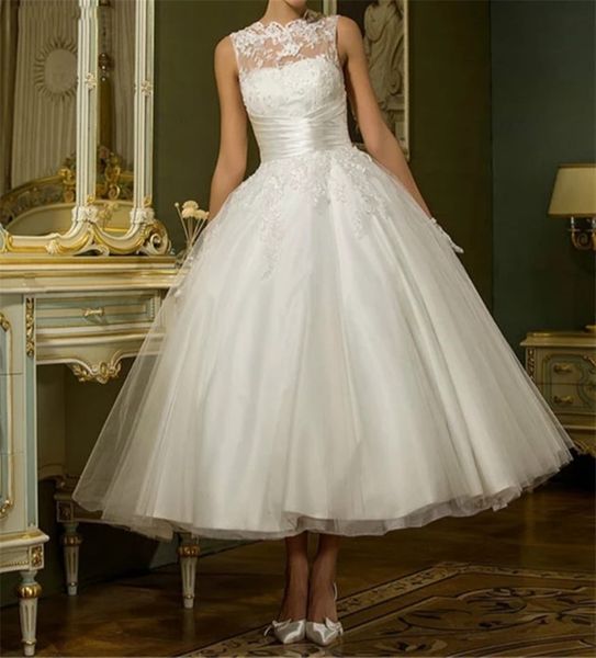 

vintage a line ankle length wedding dress sleeveless lace appliques empire waist classic ivory satin tulle bridal gowns back buttons garden, White