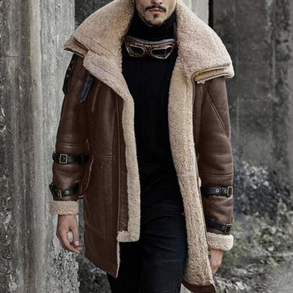 

mens jackets mens faux leather jackets winter warm lapel coats male fleece lined parkas outerwear solid thicken fur casual jackets 221207, Black;brown