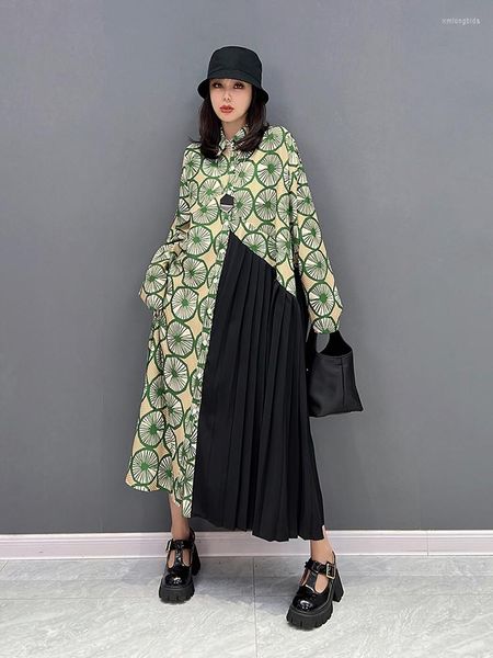 

casual dresses fashion print shirt dress personality asymmetrical pleated splicing hem autumn contrast color woemn wld8837, Black;gray