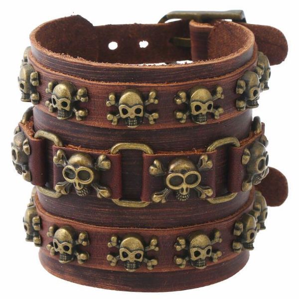 

charm bracelets gothic punk vintage hiphop skull rivet bead bracelet brown pirate skeleton charm wide leather bangle belt wristbands accesso, Golden;silver