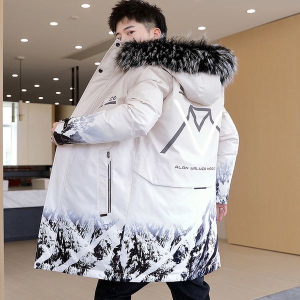 

men's down parkas parka jacket men winter with fur collar hood long fashion clothing korean overcoat mens streetwear 2023 221207, Black