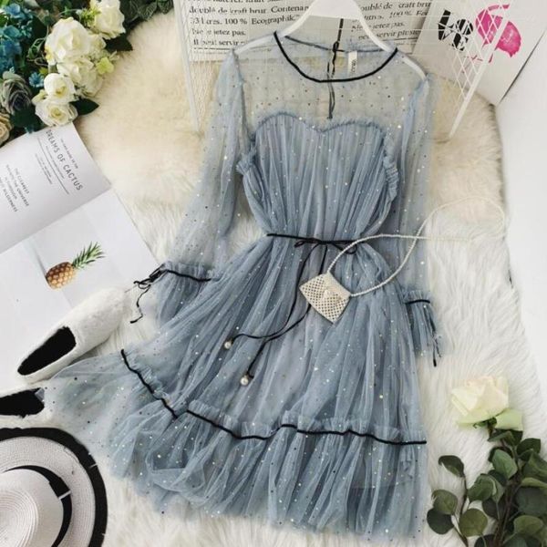 

casual dresses 2022 spring autumn clothes women party dress elegant female long sleeve perspective mesh vestidos jw9351, Black;gray