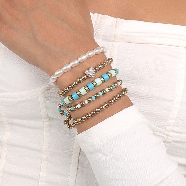 

3 pcs bohemian crystal heart simulated pearl bracelet set for women fashion novelty colorful beads bangle gift jewelry, Golden;silver