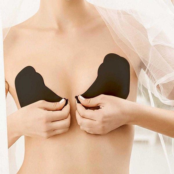 

women invisible bra adhesive strapless blackless seamless solid bra silicone sticky bralette front closure push up, Red;black